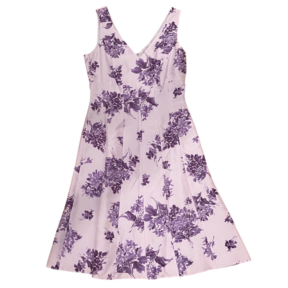 Ann Taylor Silk Floral Dress Size 0 Purple Sleeveless V-Neck Fit Flare Midi
